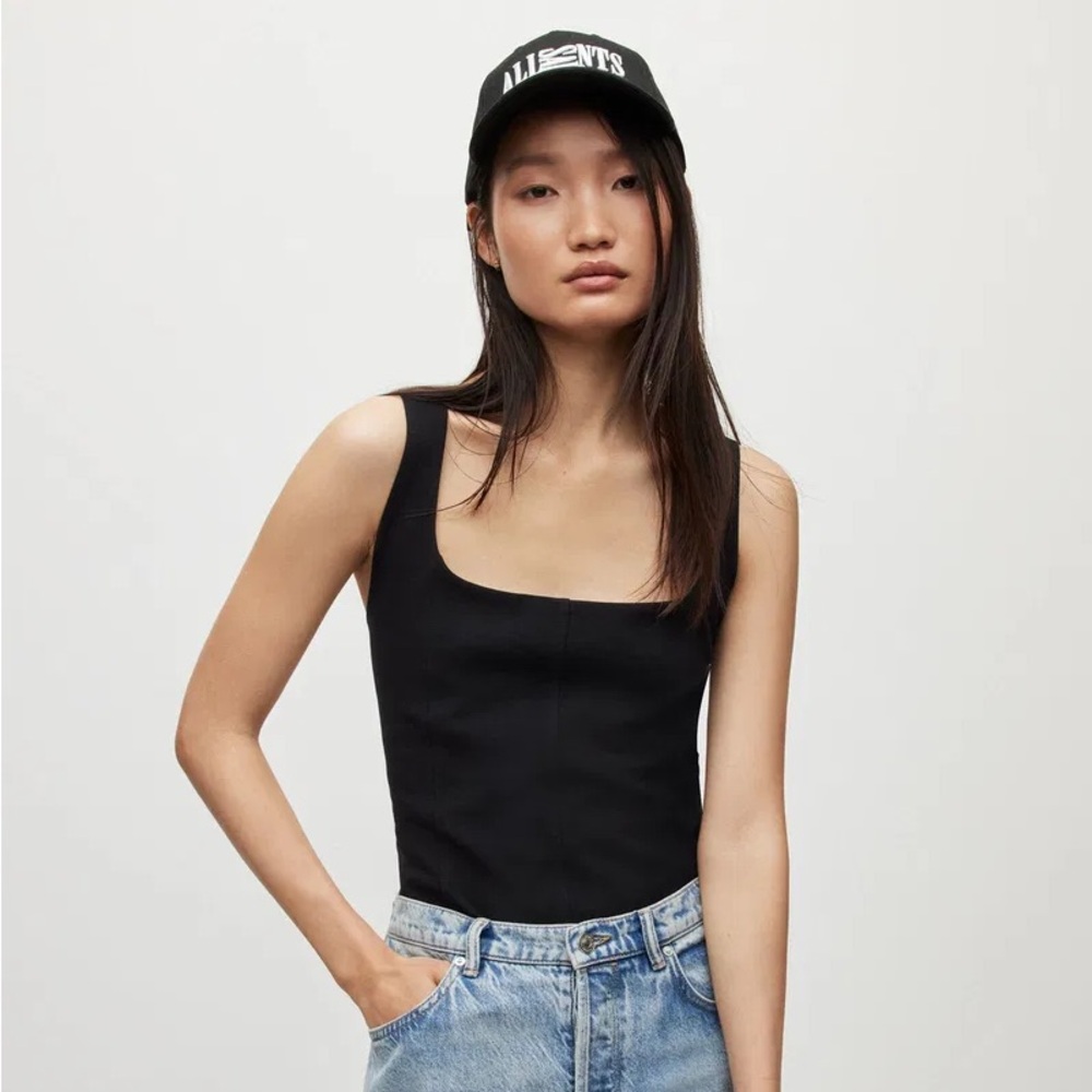 All Saints Carisa Black Square Neck Sleeveless Corset Bodysuit Size 4 NWT